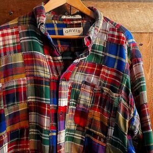 Large  Orvis Vintage Classic Madras Patchwork Button Down Heavy Flannel Shirt
